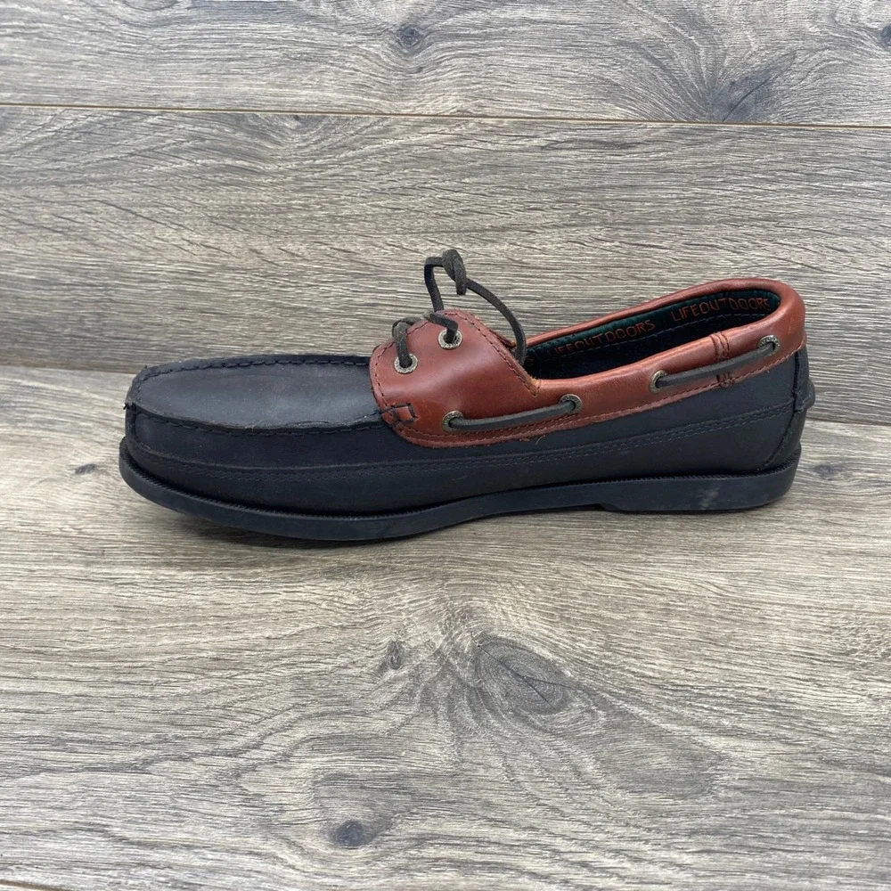LifeOutdoors Boat Shoes Mens 11.5 D Black Brown Leather Nautical Loafers 607376